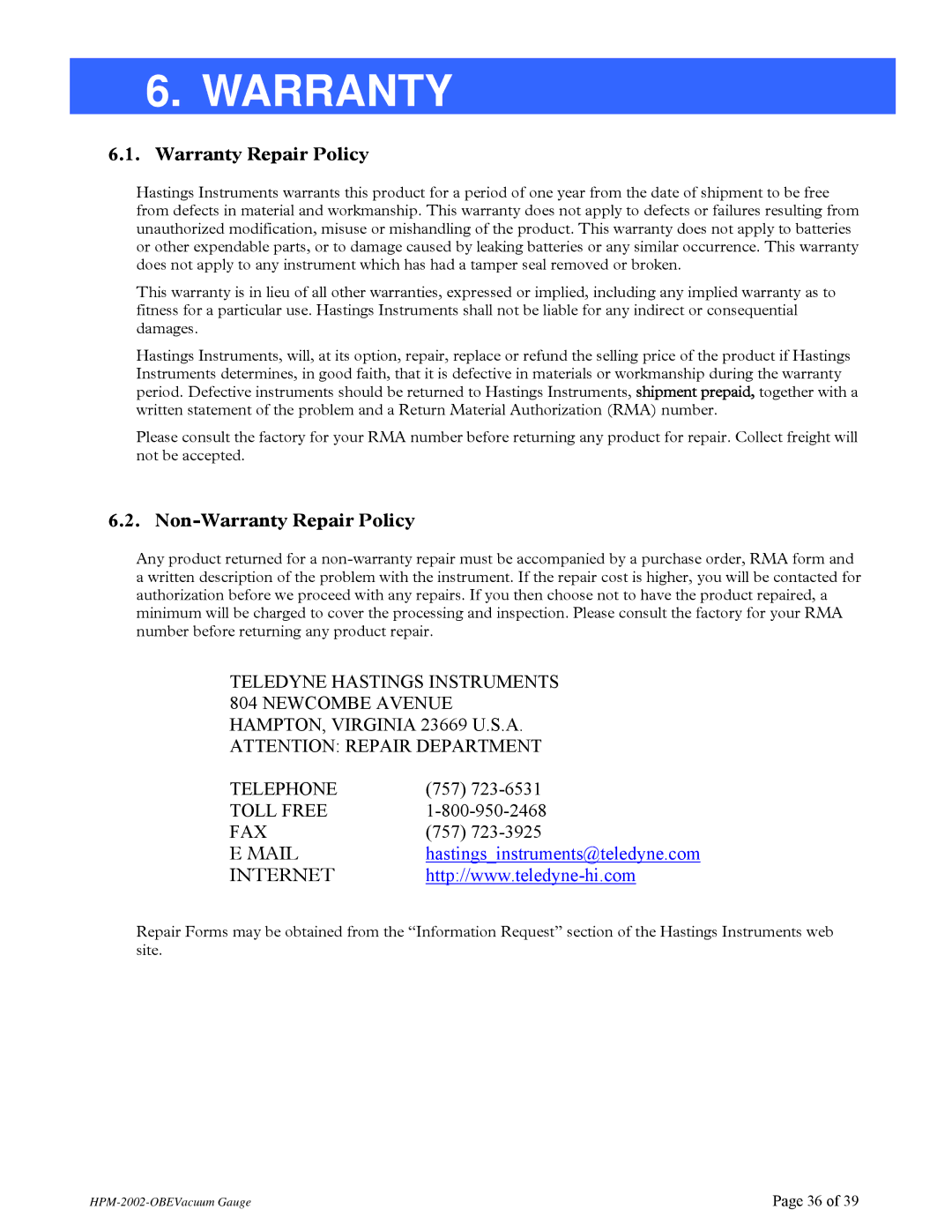 Teledyne HPM-2002-OBE instruction manual Non-Warranty Repair Policy 