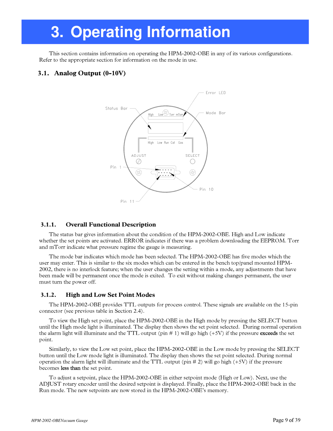 Teledyne HPM-2002-OBE instruction manual Analog Output, Overall Functional Description, High and Low Set Point Modes 