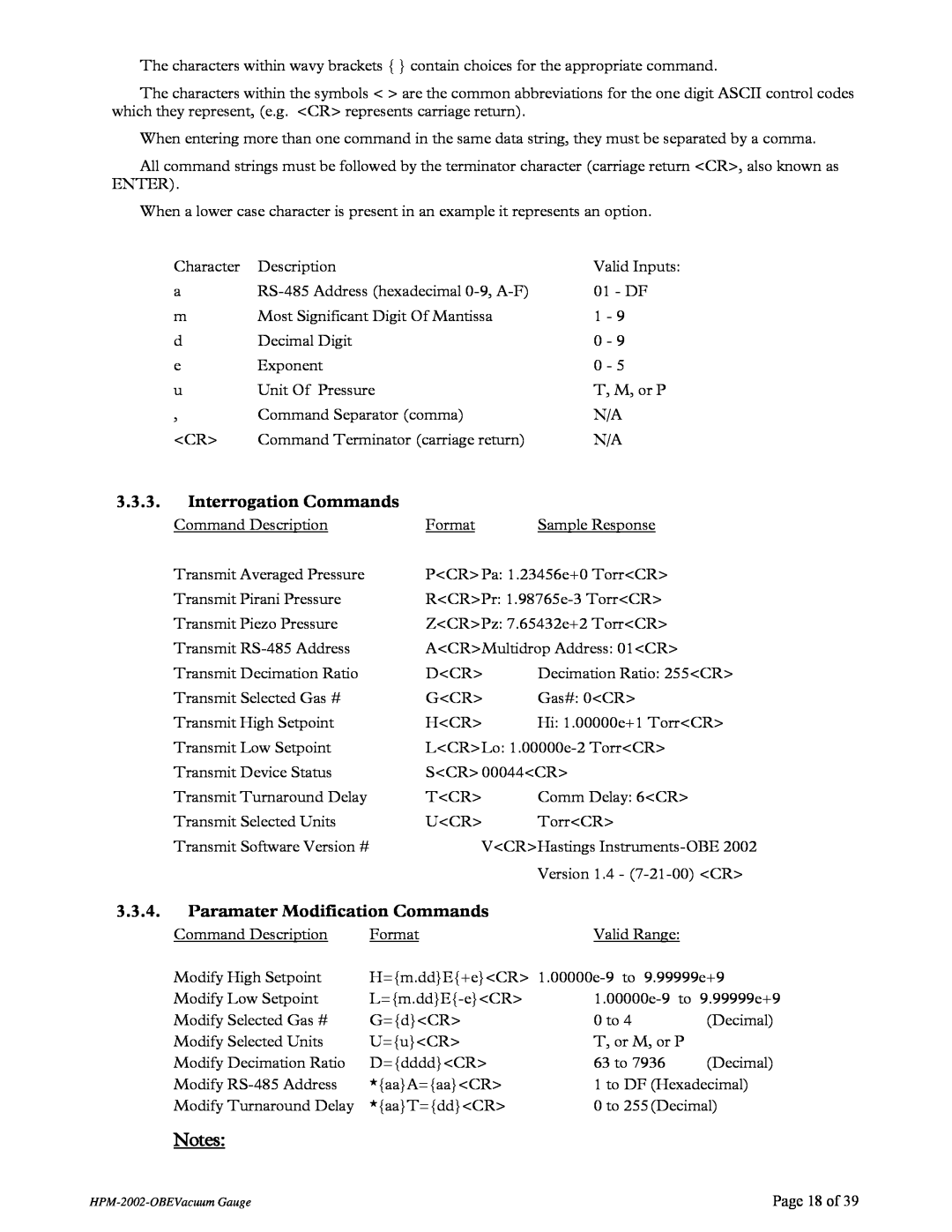 Teledyne HPM-2002-OBE instruction manual Interrogation Commands, Paramater Modification Commands, Page 18 of 