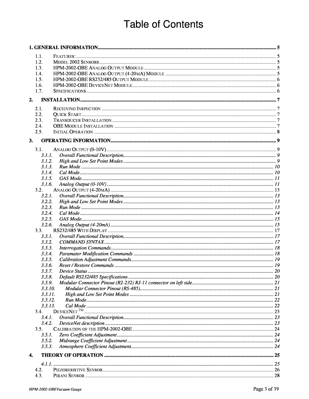 Teledyne HPM-2002-OBE General Information, Installation, Operating Information, Theory Of Operation, Table of Contents 