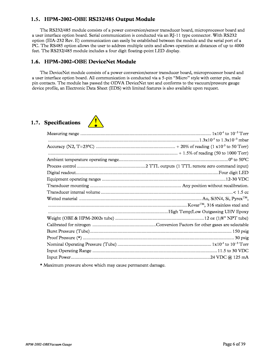 Teledyne HPM-2002-OBE RS232/485 Output Module, HPM-2002-OBE DeviceNet Module, Specifications, Page 6 of 