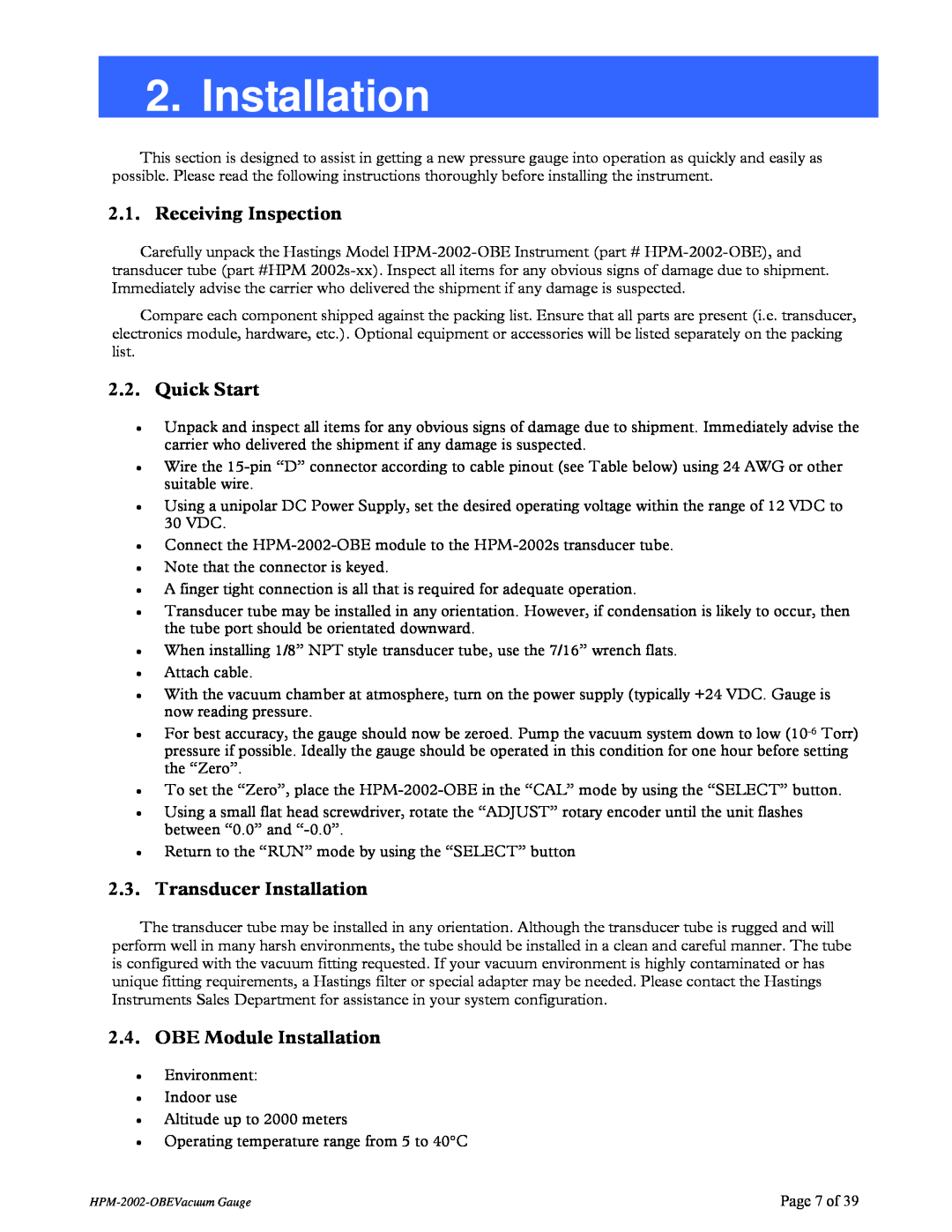 Teledyne HPM-2002-OBE Receiving Inspection, Quick Start, Transducer Installation, OBE Module Installation 