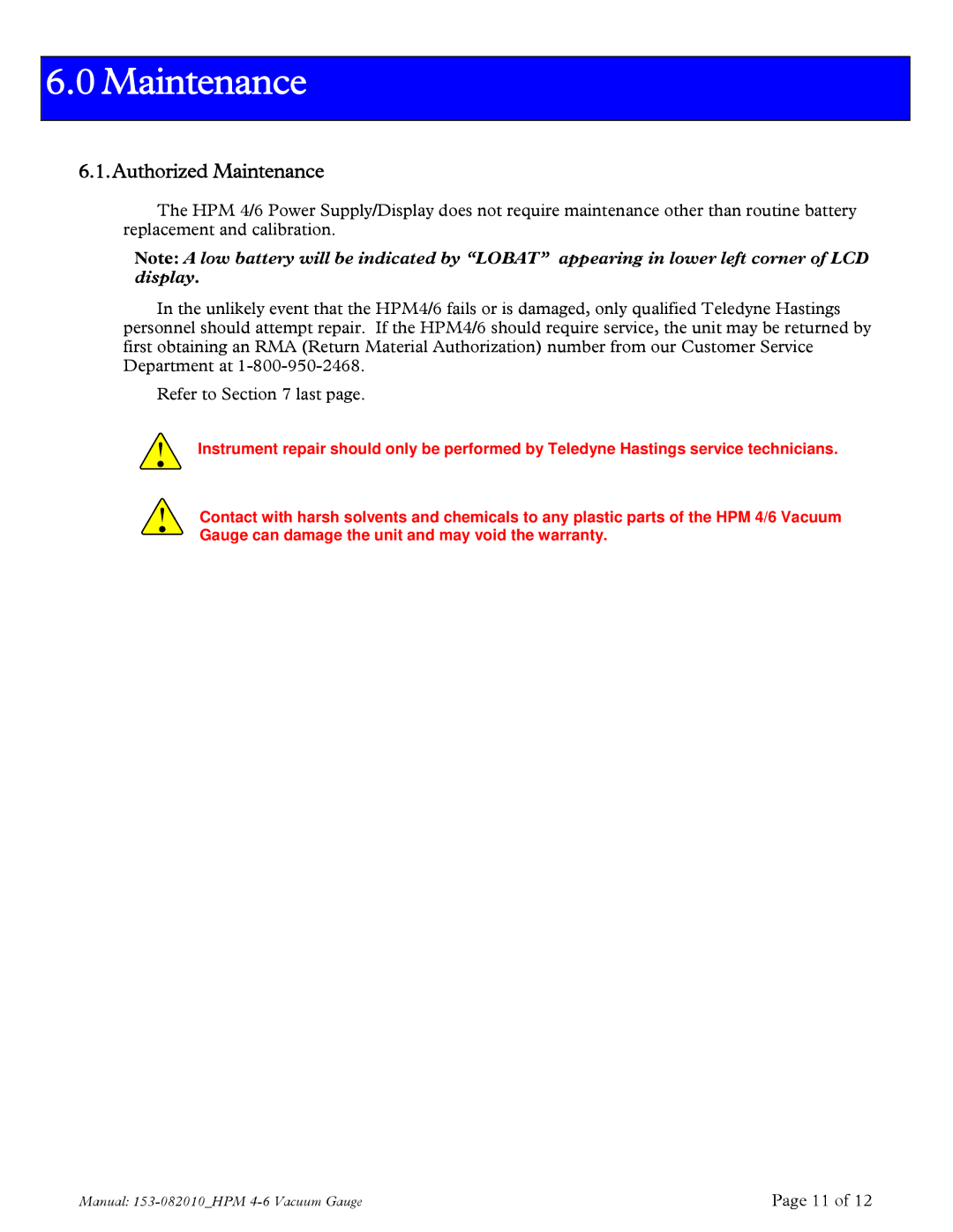 Teledyne HPM 4/6 instruction manual Authorized Maintenance 