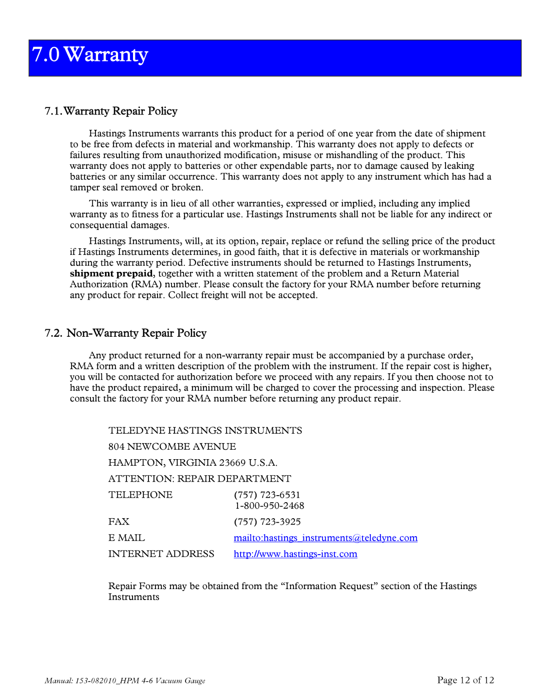 Teledyne HPM 4/6 instruction manual Non-Warranty Repair Policy 