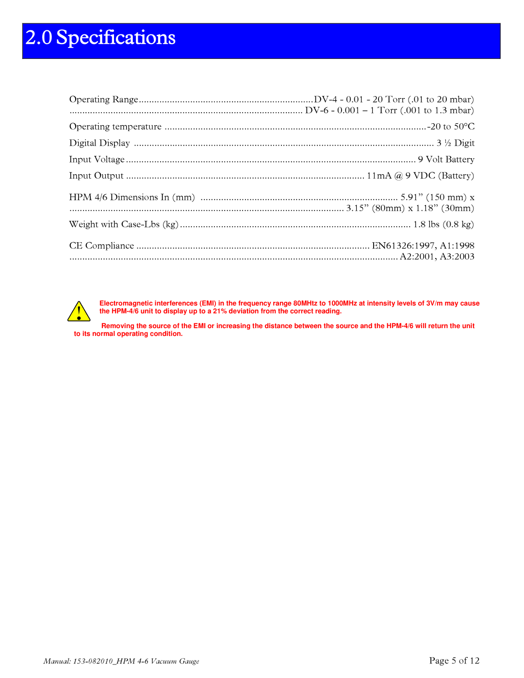 Teledyne HPM 4/6 instruction manual Specifications, A22001, A32003 