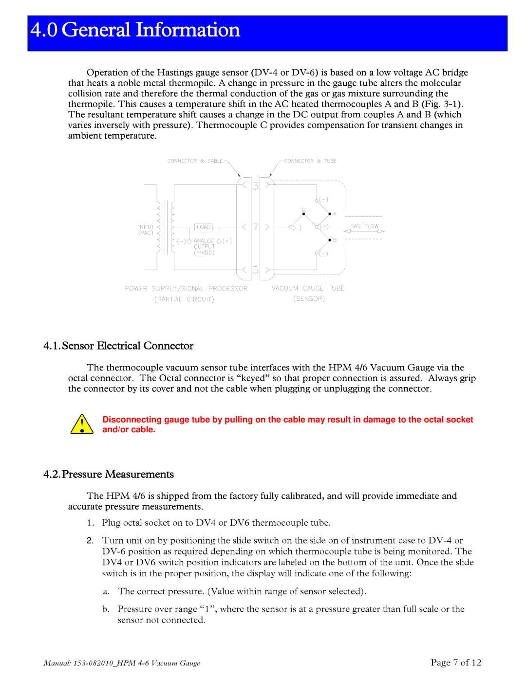 Teledyne HPM 4/6 instruction manual General Information, Sensor Electrical Connector, Pressure Measurements 