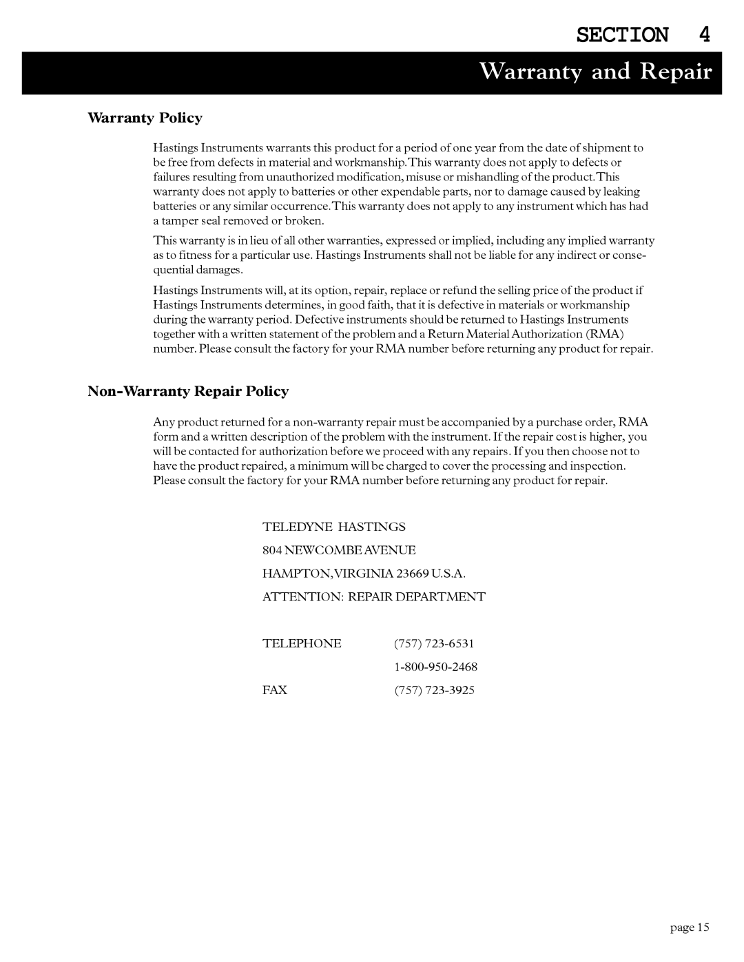 Teledyne HPS-10 instruction manual Warranty and Repair, Warranty Policy, Non-Warranty Repair Policy 