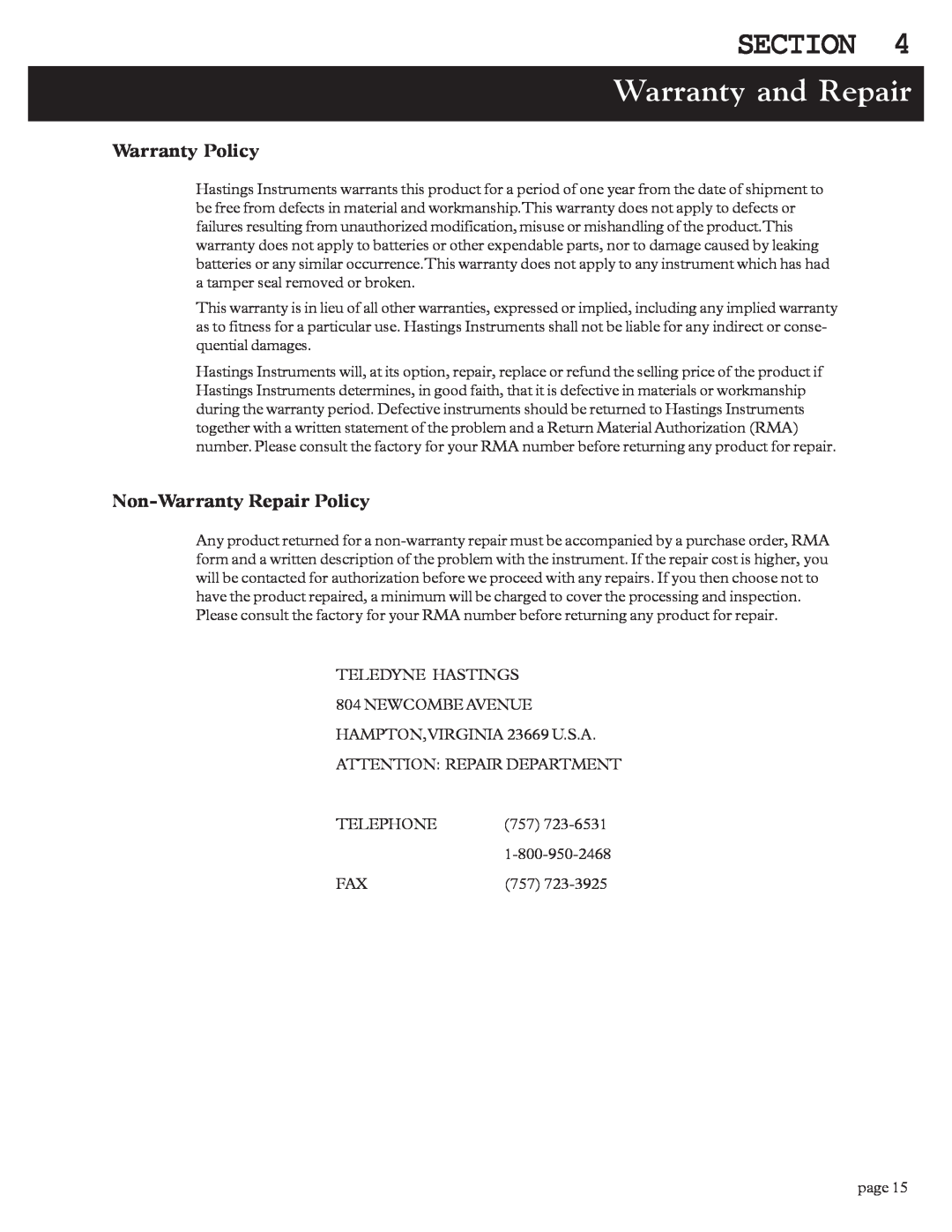 Teledyne HPS-10 instruction manual Warranty and Repair, Warranty Policy, Non-Warranty Repair Policy, Section 
