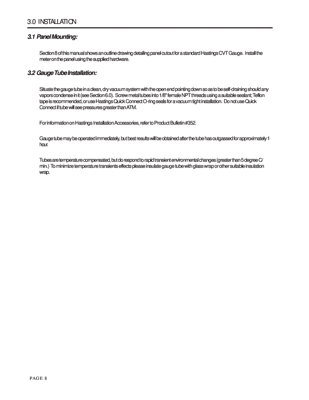 Teledyne HVC-282 instruction manual 3.0INSTALLATION, 3.1PanelMounting, GaugeTubeInstallation 
