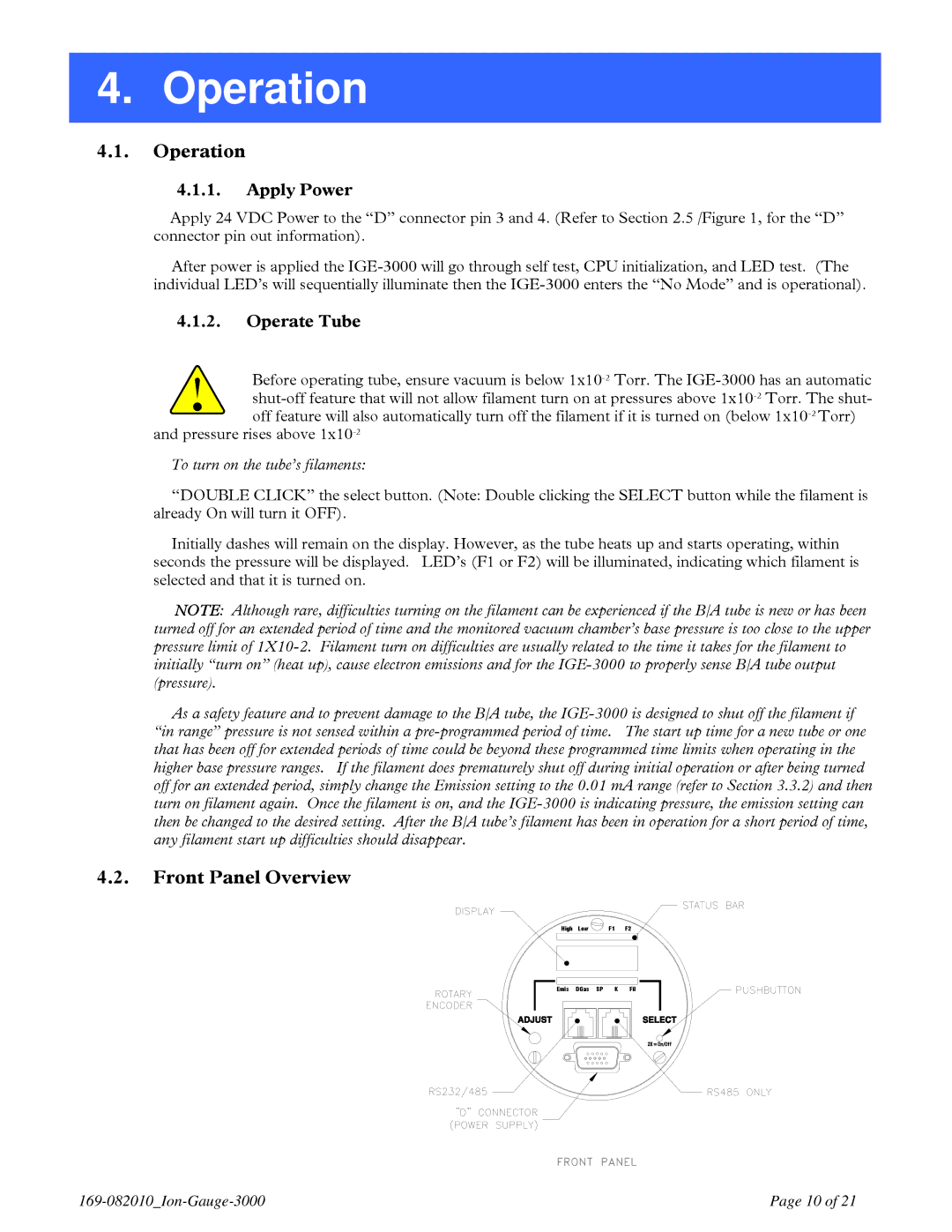 Teledyne IGE 3000 instruction manual Operation, Front Panel Overview, Apply Power, Operate Tube 