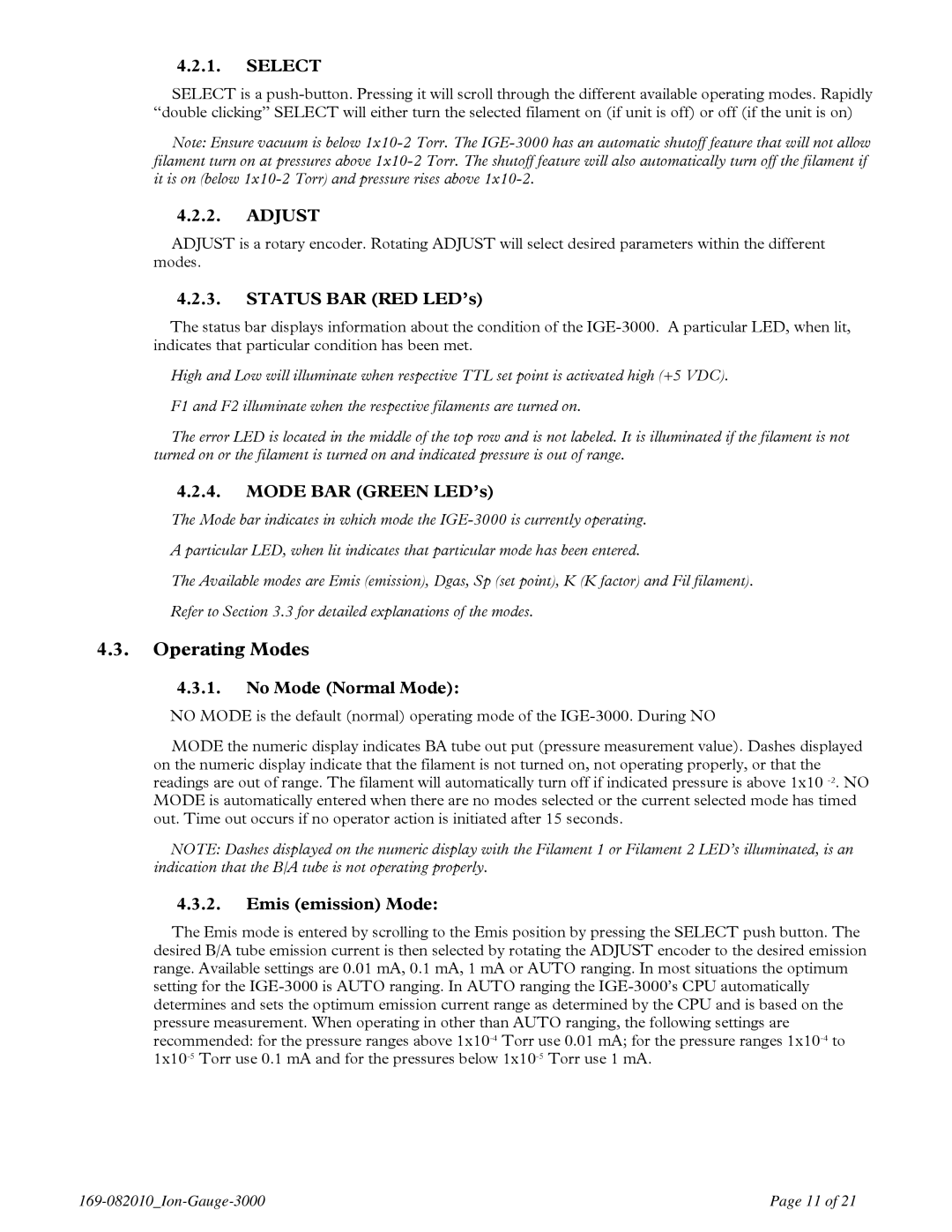 Teledyne IGE 3000 instruction manual Operating Modes 