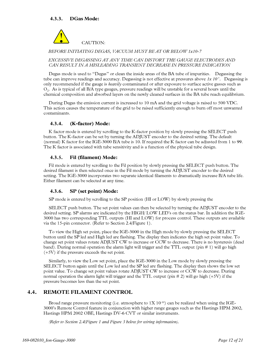 Teledyne IGE 3000 instruction manual Remote Filament Control, DGas Mode, Factor Mode, Fil filament Mode, SP set point Mode 