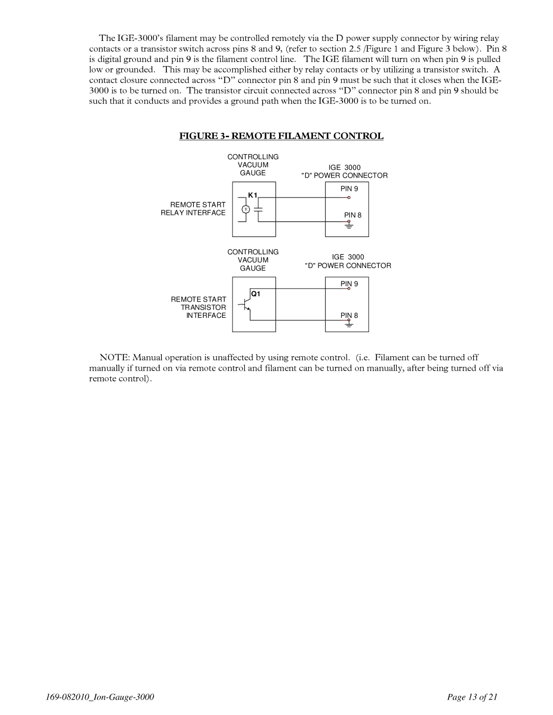 Teledyne IGE 3000 instruction manual Remote Filament Control 