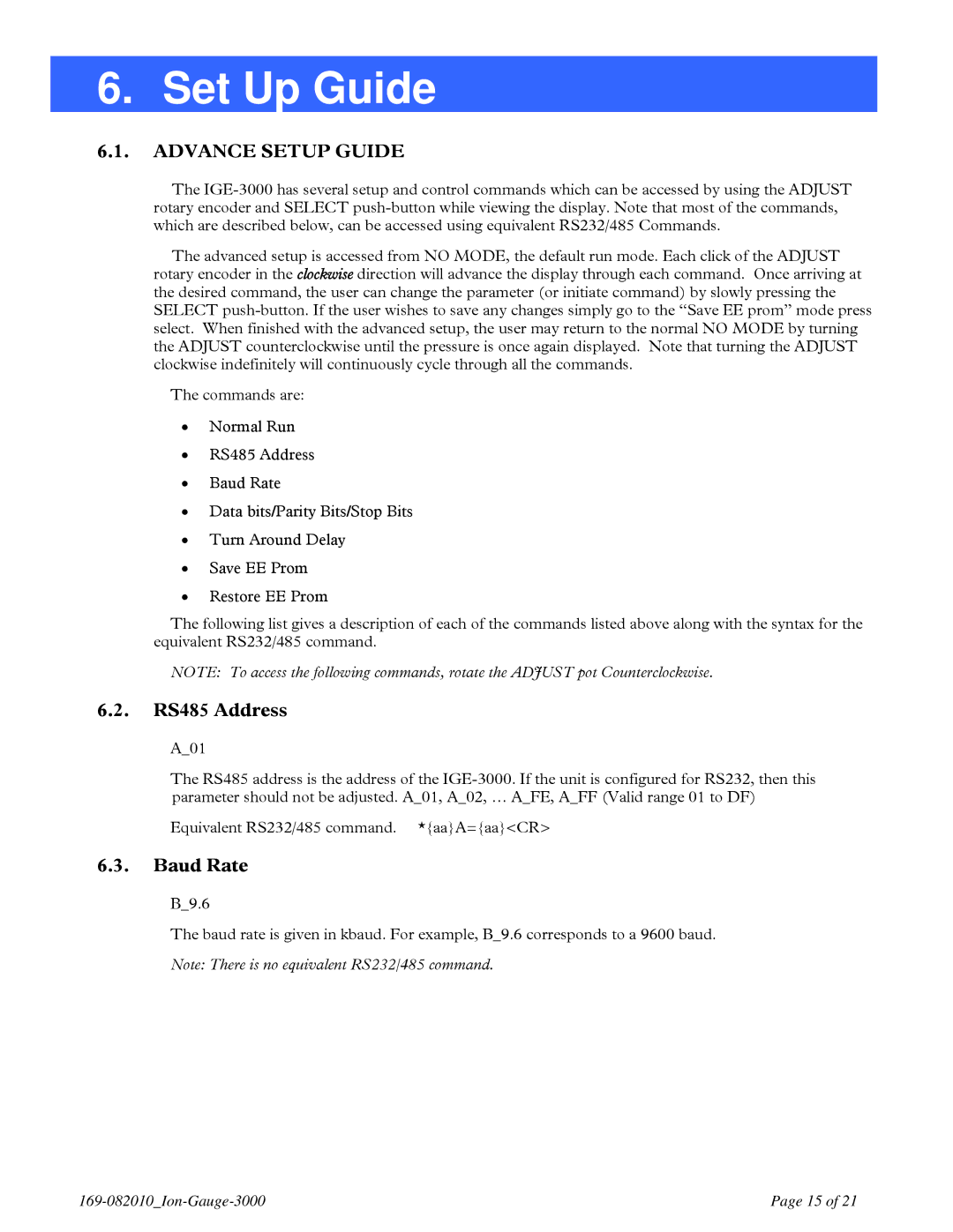 Teledyne IGE 3000 instruction manual Set Up Guide, Advance Setup Guide, RS485 Address, Baud Rate 