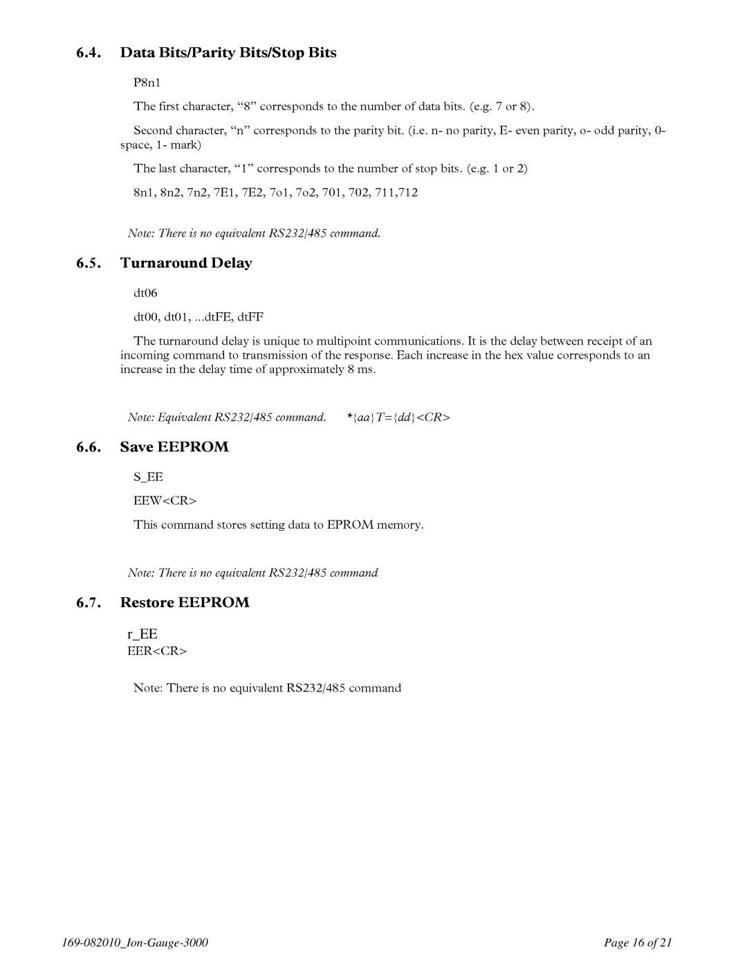 Teledyne IGE 3000 instruction manual Data Bits/Parity Bits/Stop Bits, Turnaround Delay, Save Eeprom, Restore Eeprom 