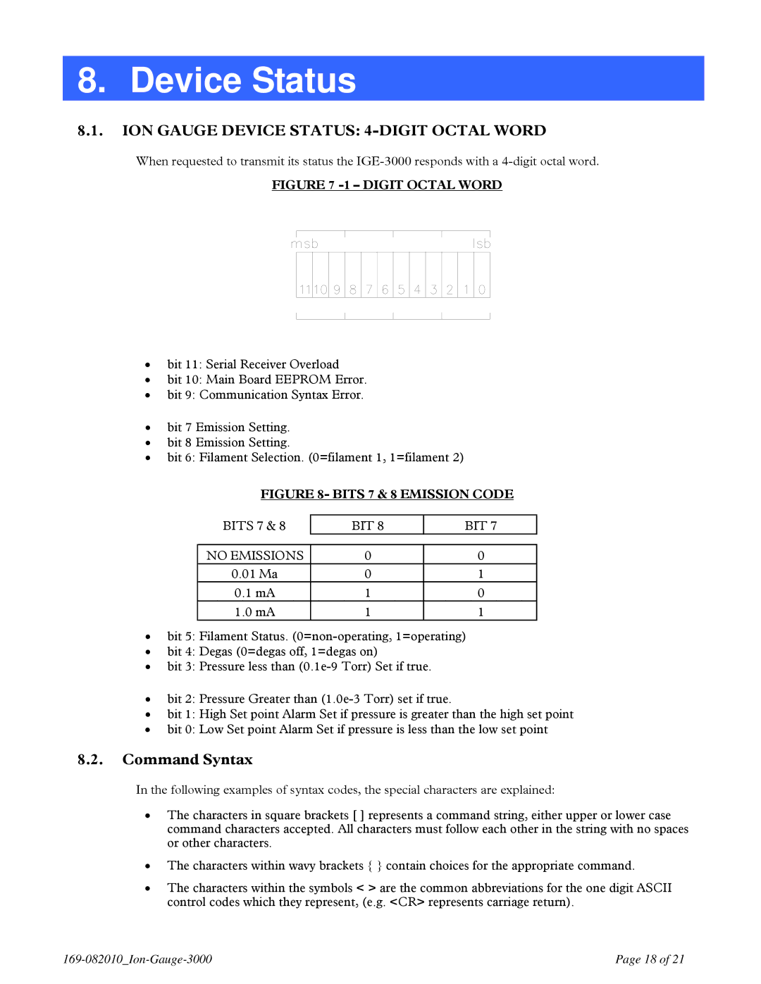 Teledyne IGE 3000 instruction manual ION Gauge Device Status 4-DIGIT Octal Word, Command Syntax 