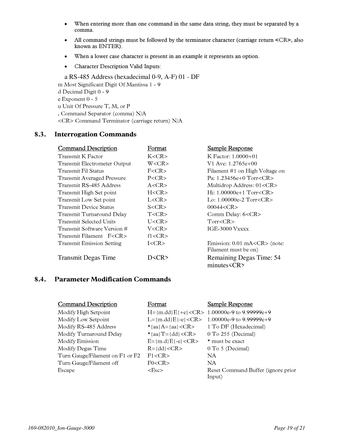 Teledyne IGE 3000 Interrogation Commands, Parameter Modification Commands, Command Description Format Sample Response 