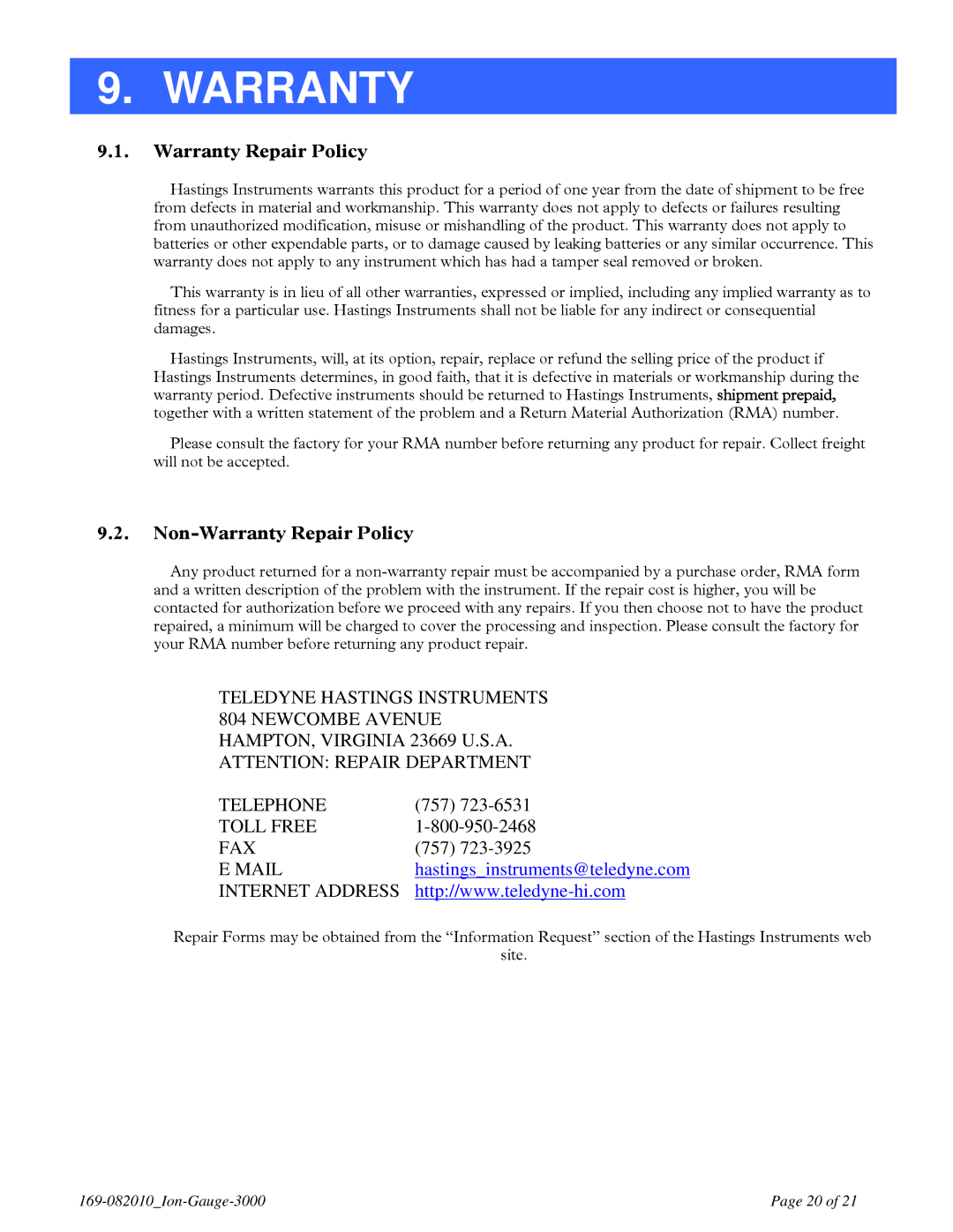 Teledyne IGE 3000 instruction manual Non-Warranty Repair Policy 