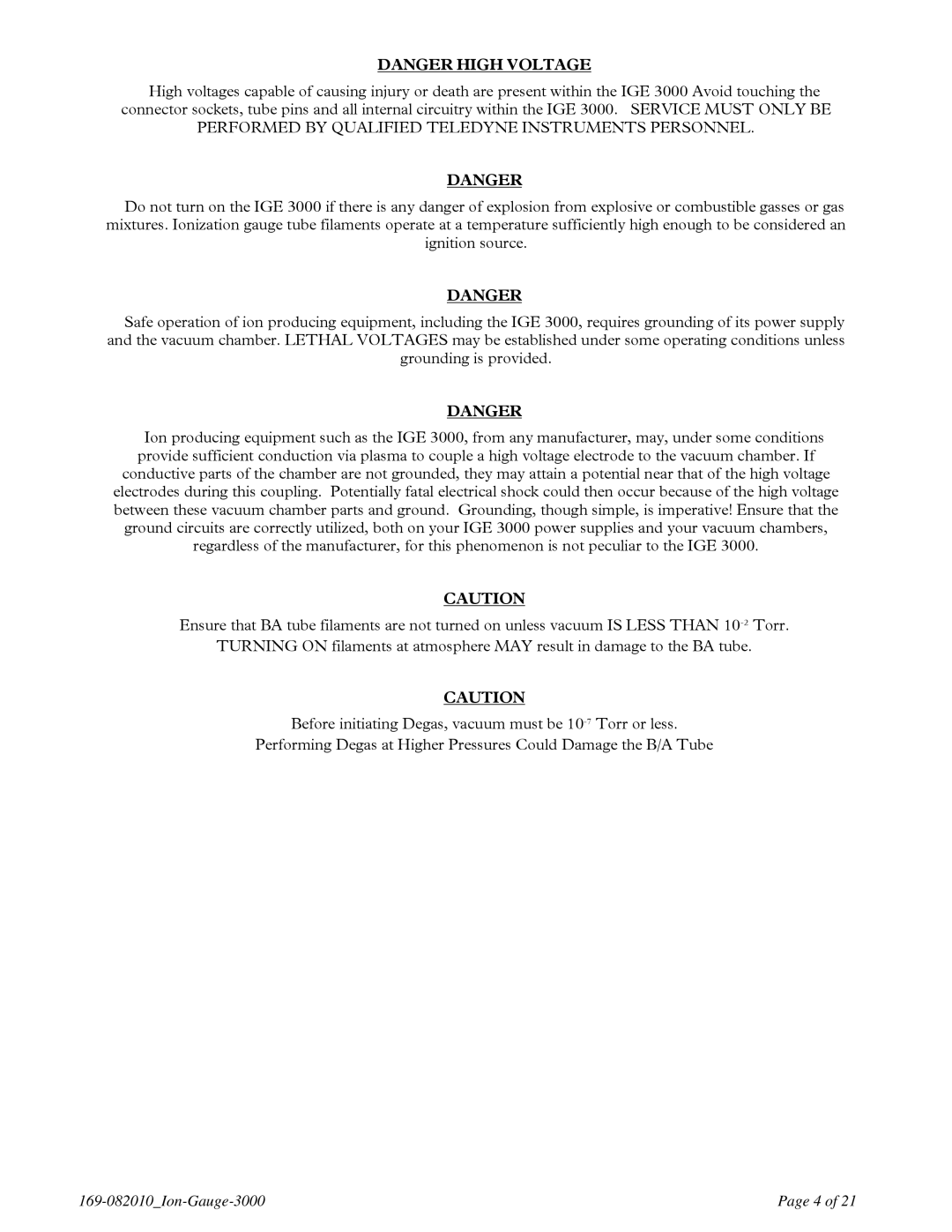 Teledyne IGE 3000 instruction manual 169-082010Ion-Gauge-3000 