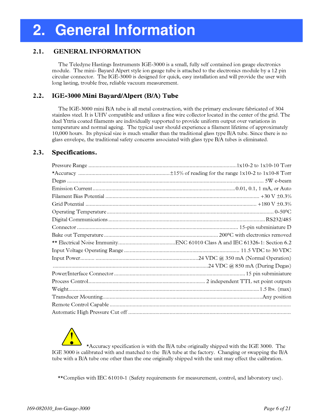 Teledyne IGE 3000 instruction manual General Information, IGE-3000 Mini Bayard/Alpert B/A Tube, Specifications 