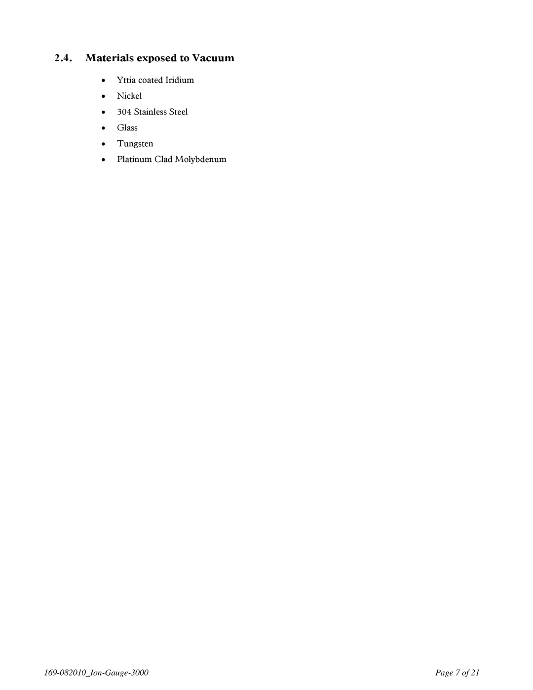 Teledyne IGE 3000 instruction manual Materials exposed to Vacuum 