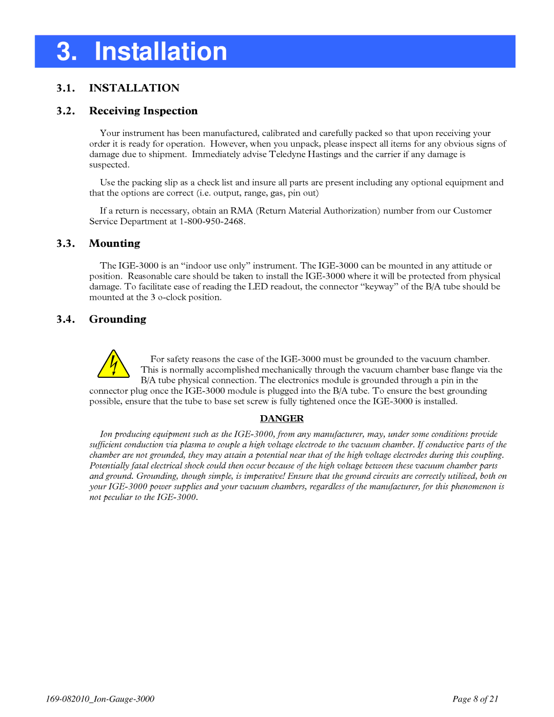 Teledyne IGE 3000 instruction manual Installation, Receiving Inspection, Mounting, Grounding 