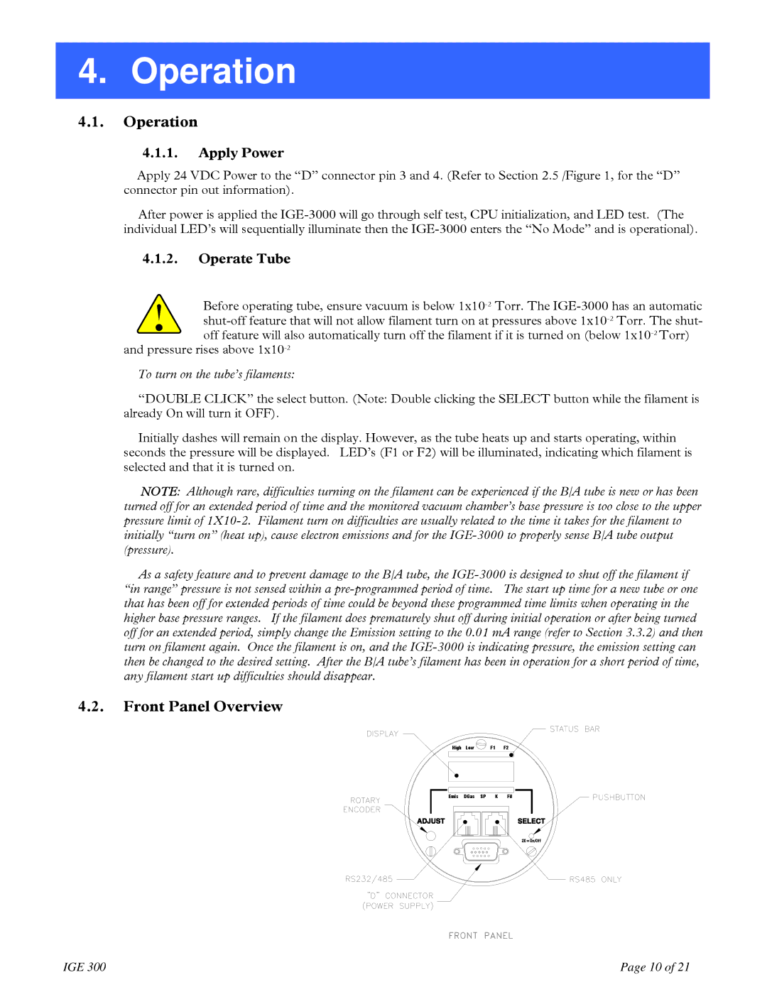 Teledyne IGE 3000 instruction manual Operation, Front Panel Overview, Apply Power, Operate Tube 