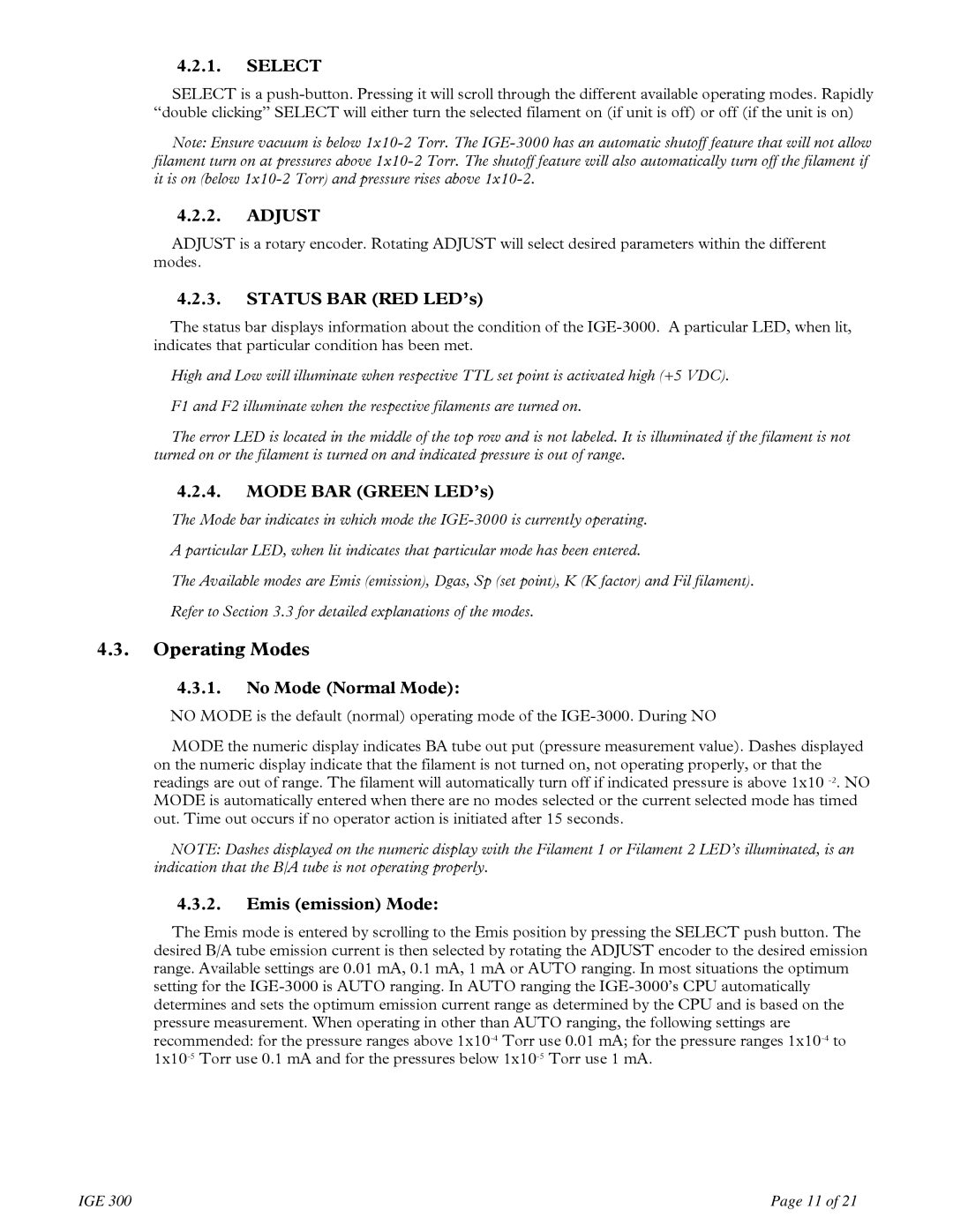 Teledyne IGE 3000 instruction manual Operating Modes 