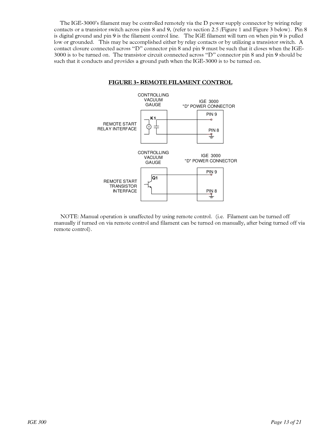 Teledyne IGE 3000 instruction manual Remote Filament Control 