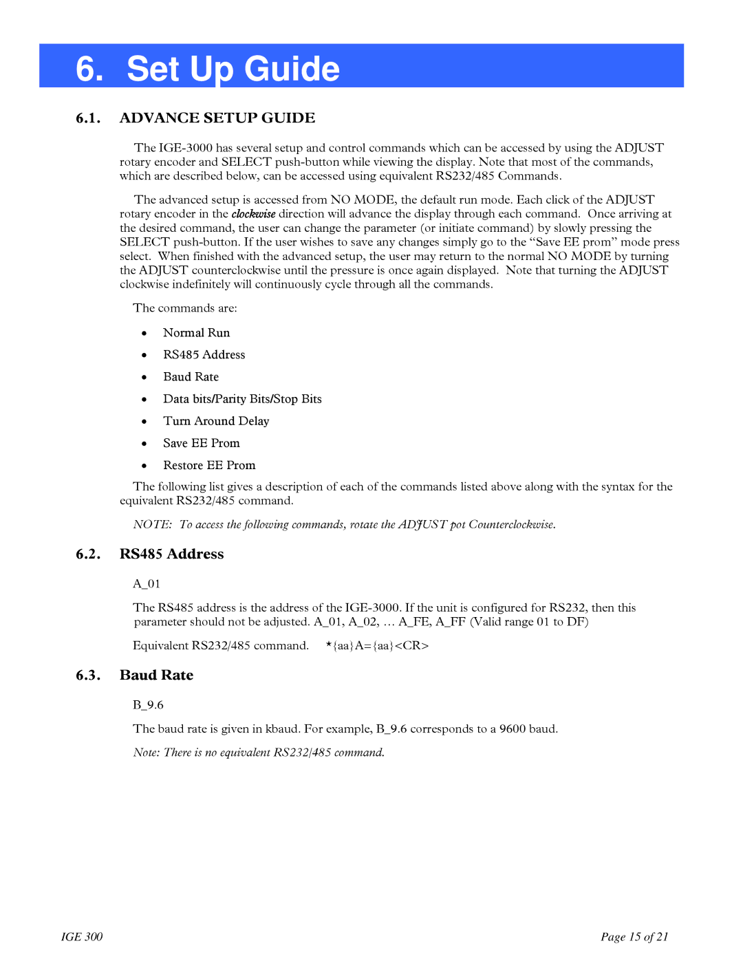 Teledyne IGE 3000 instruction manual Set Up Guide, Advance Setup Guide, RS485 Address, Baud Rate 