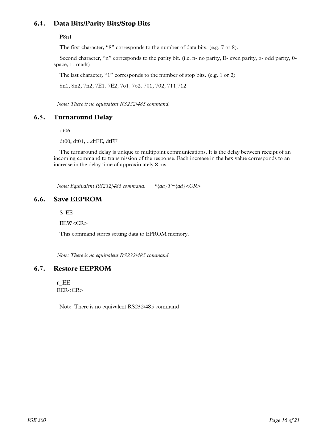 Teledyne IGE 3000 instruction manual Data Bits/Parity Bits/Stop Bits, Turnaround Delay, Save Eeprom, Restore Eeprom 