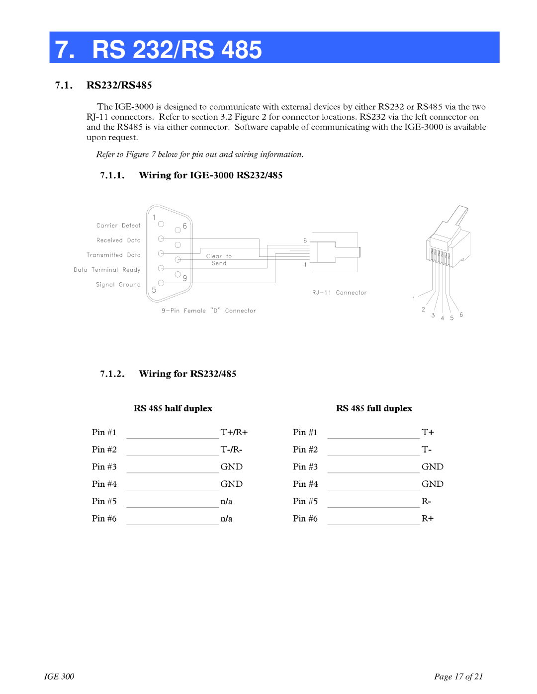 Teledyne IGE 3000 instruction manual RS 232/RS, RS232/RS485, Wiring for IGE-3000 RS232/485 Wiring for RS232/485 