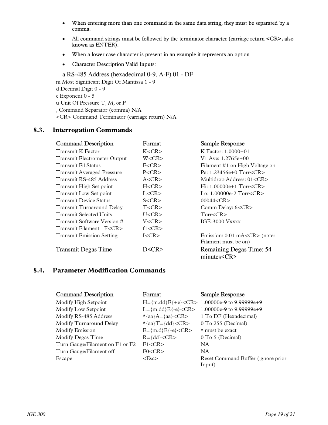 Teledyne IGE 3000 Interrogation Commands, Parameter Modification Commands, Command Description Format Sample Response 