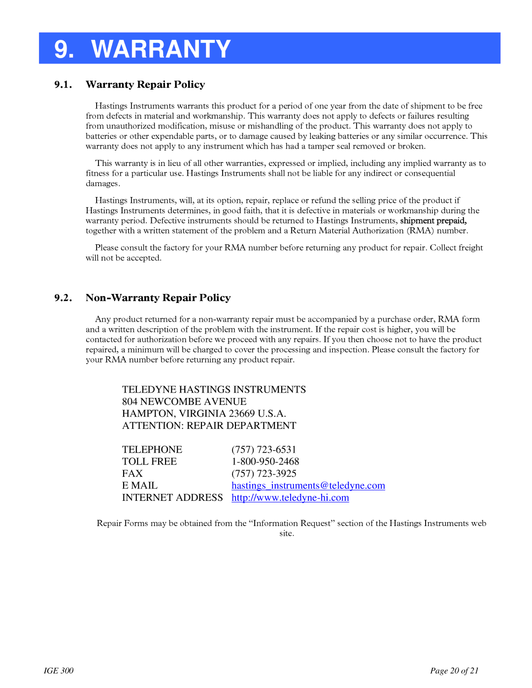 Teledyne IGE 3000 instruction manual Non-Warranty Repair Policy 