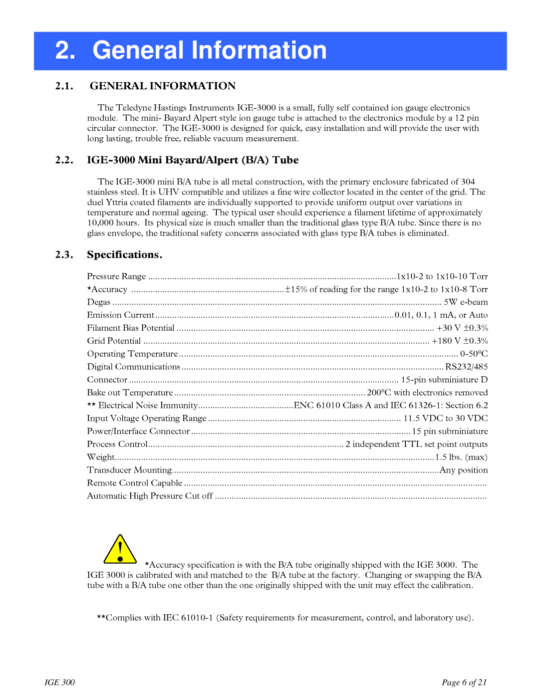 Teledyne IGE 3000 instruction manual General Information, IGE-3000 Mini Bayard/Alpert B/A Tube, Specifications 