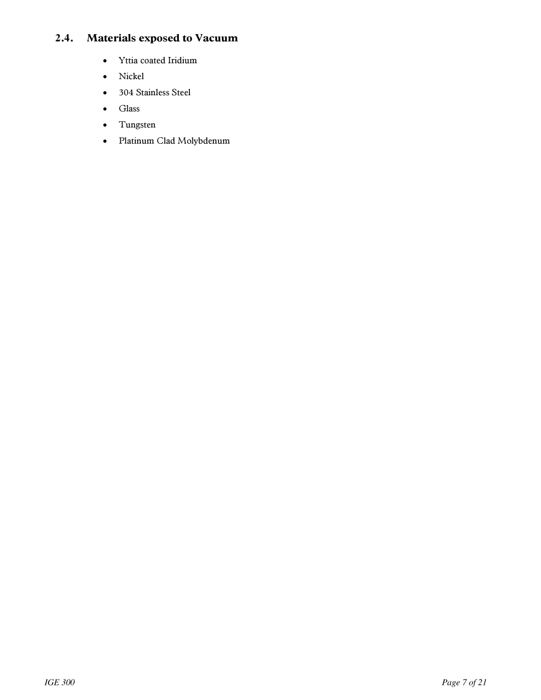 Teledyne IGE 3000 instruction manual Materials exposed to Vacuum 