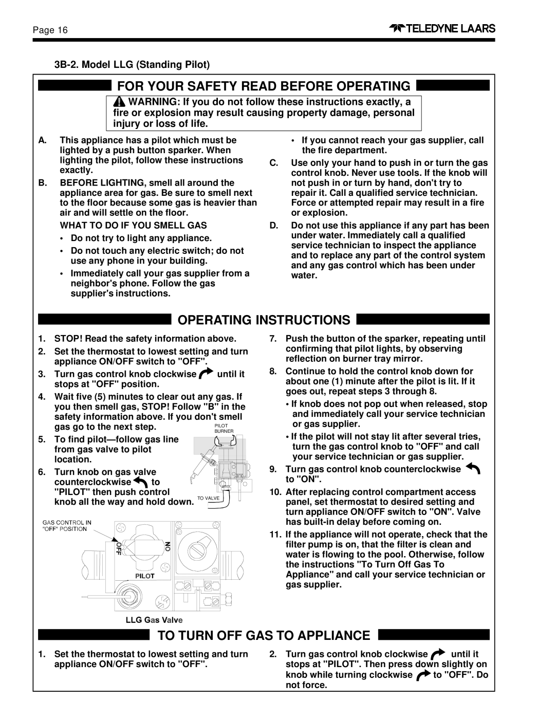 Teledyne LLD dimensions 3B-2. Model LLG Standing Pilot, What to do if YOU Smell GAS 