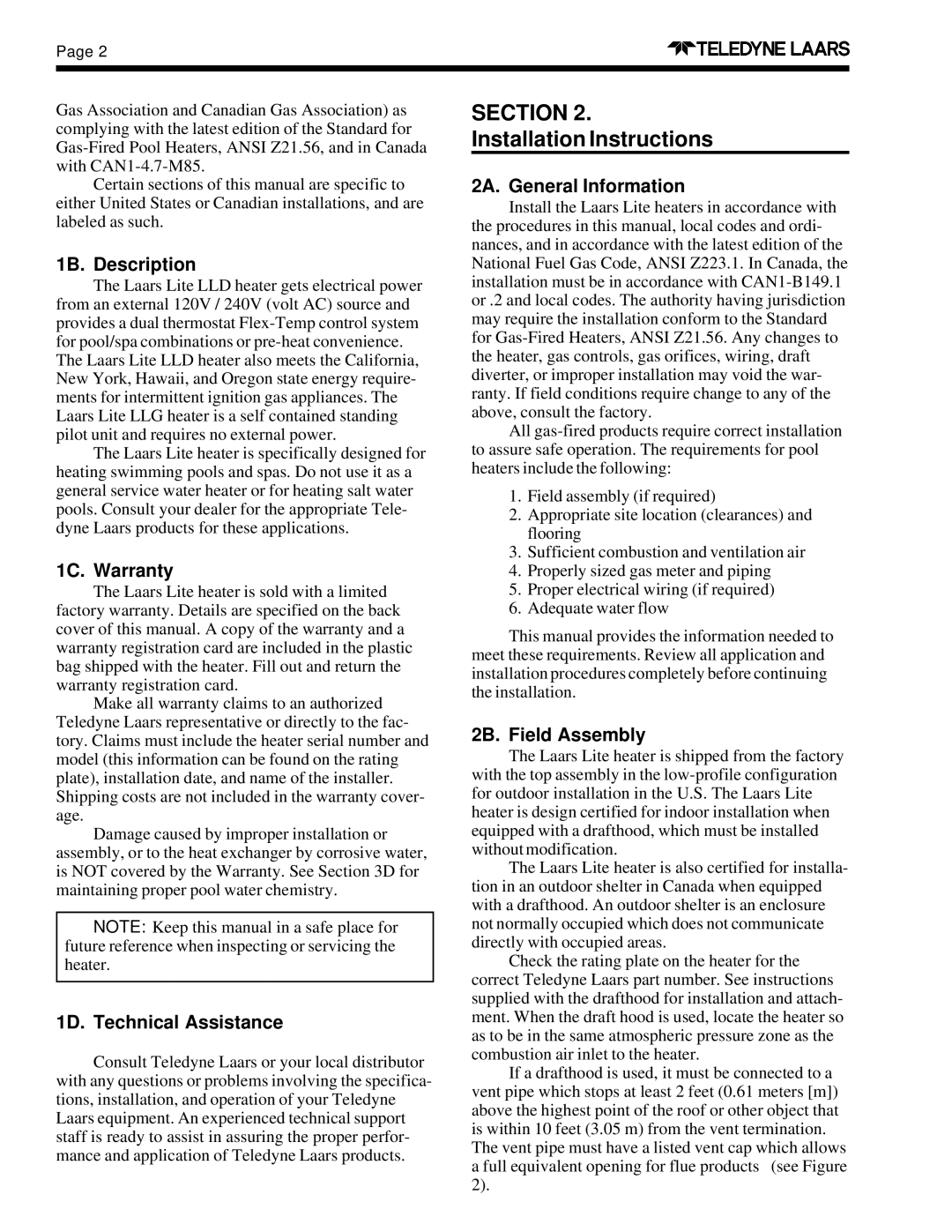 Teledyne LLD, LLG 1B. Description, 1C. Warranty, 1D. Technical Assistance, 2A. General Information, 2B. Field Assembly 