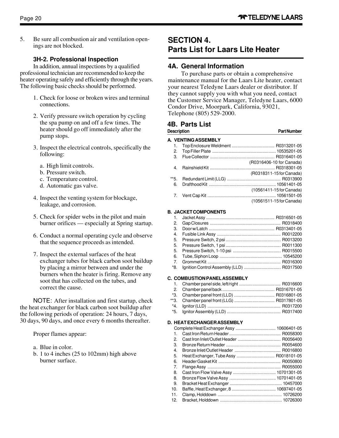 Teledyne LLD, LLG dimensions 4A. General Information, 4B. Parts List, 3H-2. Professional Inspection 