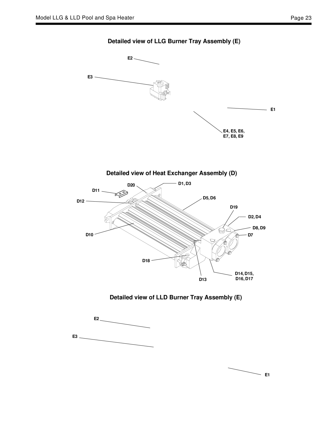 Teledyne LLD dimensions Detailed view of LLG Burner Tray Assembly E, Detailed view of Heat Exchanger Assembly D 