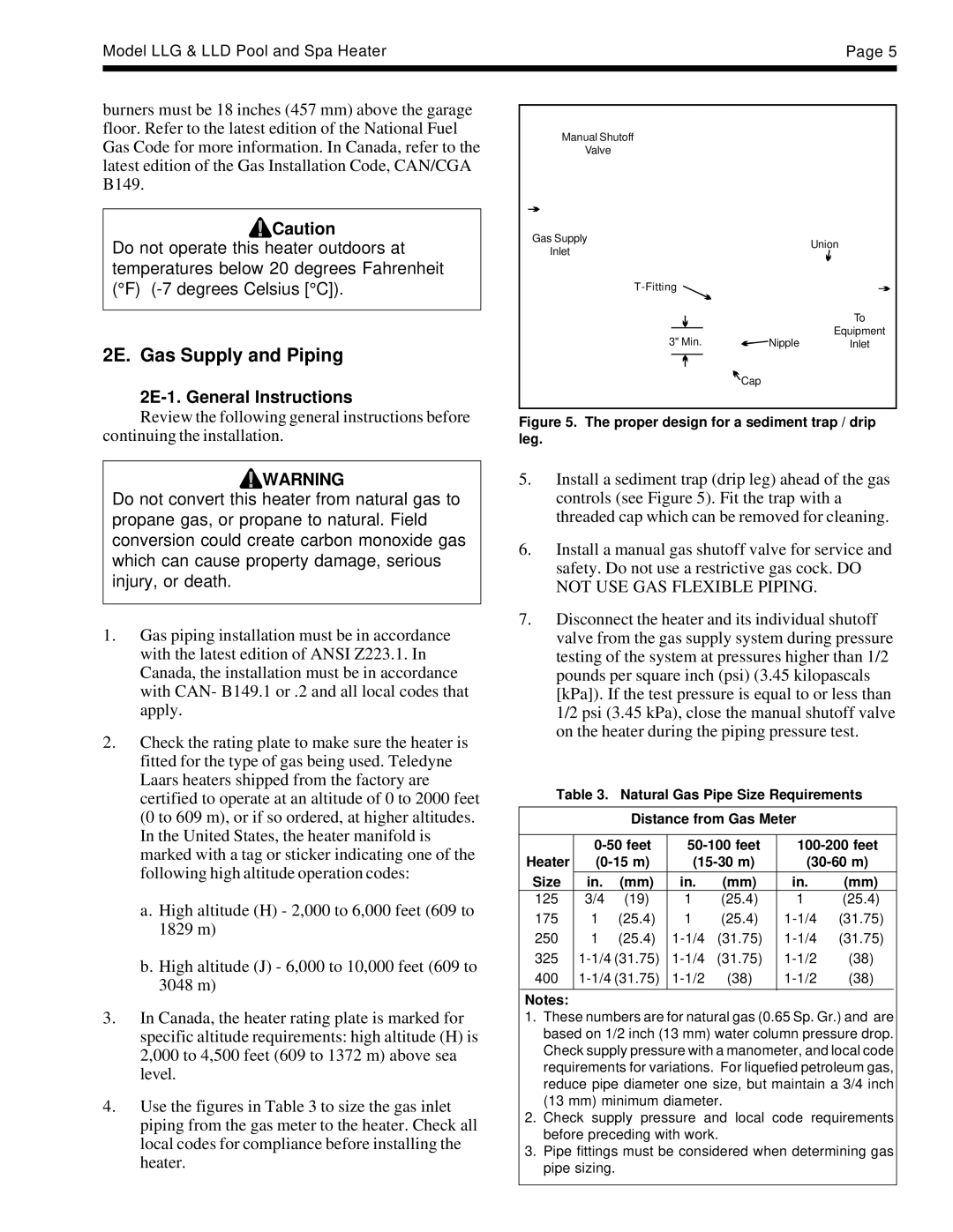 Teledyne LLG, LLD dimensions 2E. Gas Supply and Piping, 2E-1. General Instructions 