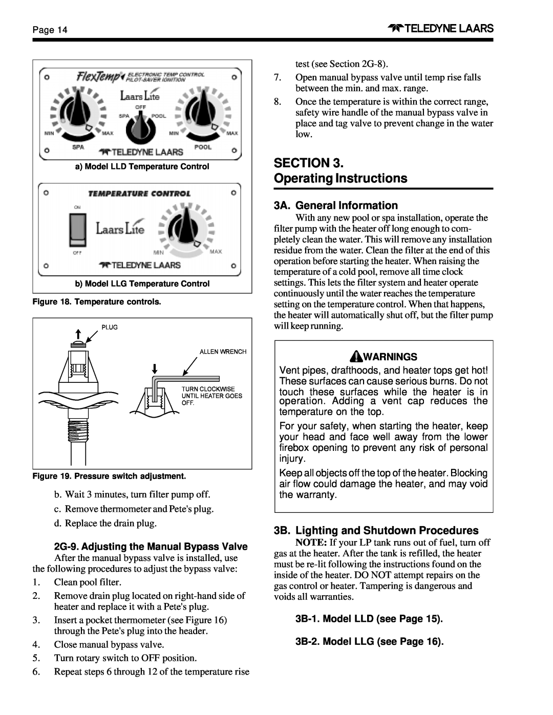 Teledyne LLD, LLG SECTION Operating Instructions, 3A. General Information, 3B. Lighting and Shutdown Procedures, Warnings 