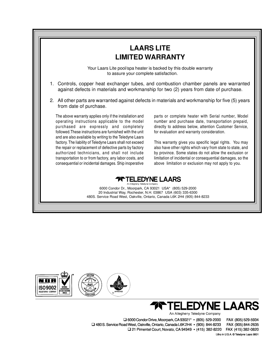 Teledyne LLG, LLD dimensions Laars Lite Limited Warranty 