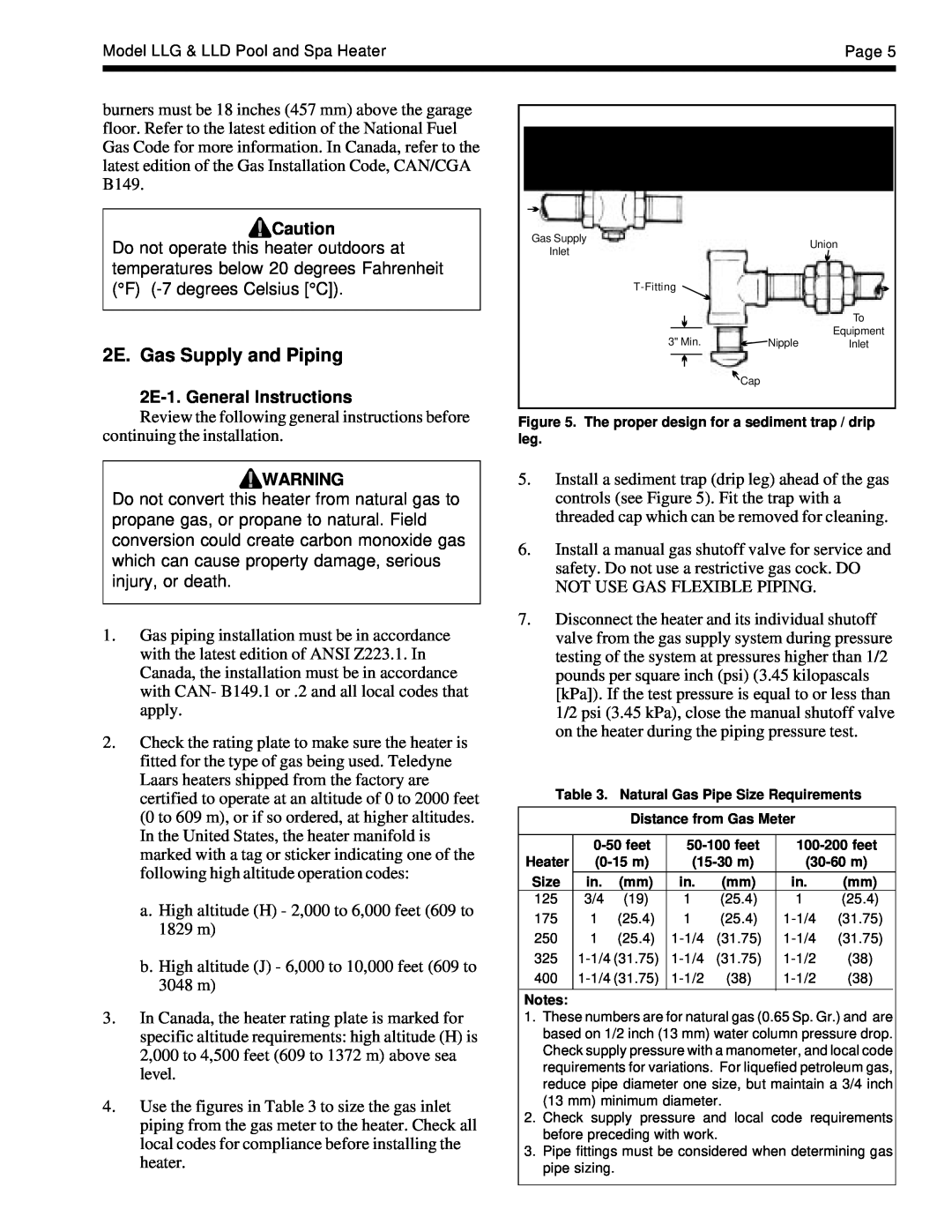 Teledyne LLG, LLD dimensions 2E. Gas Supply and Piping, 2E-1.General Instructions 