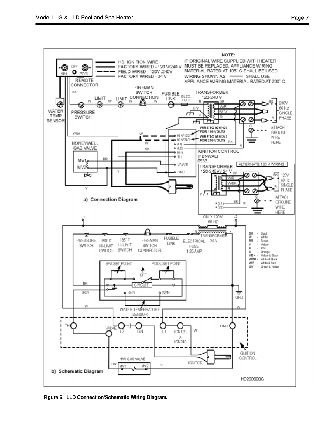 Teledyne dimensions Model LLG & LLD Pool and Spa Heater, Page, LLD Connection/Schematic Wiring Diagram 