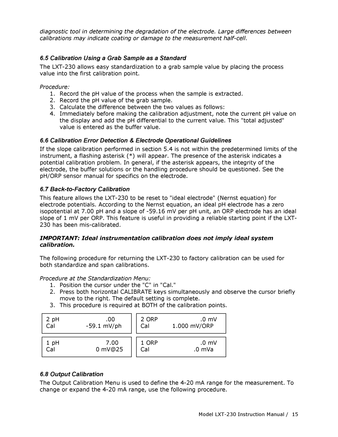 Teledyne LXT-230 manual Calibration Using a Grab Sample as a Standard, Back-to-Factory Calibration, Output Calibration 