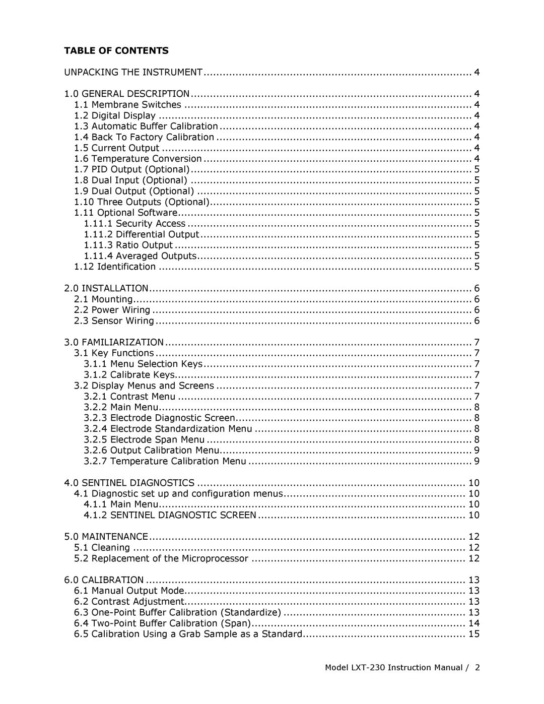 Teledyne LXT-230 manual Table of Contents 