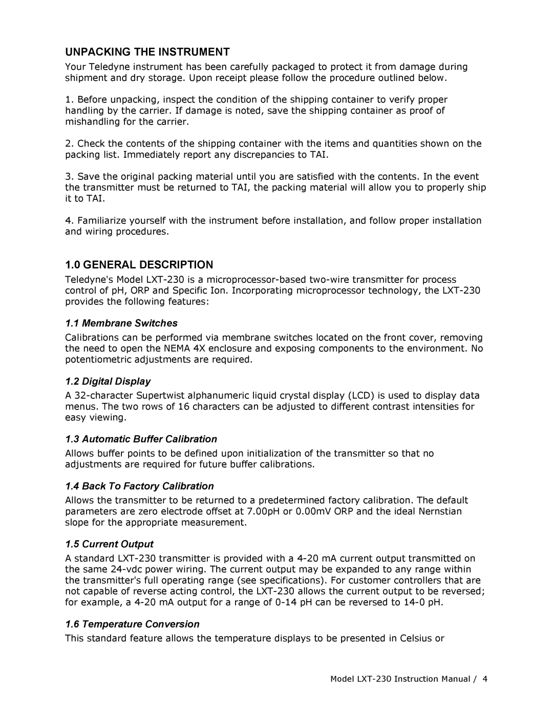 Teledyne LXT-230 manual Unpacking the Instrument, General Description 