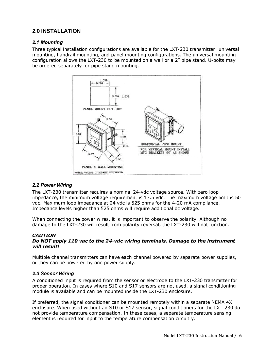 Teledyne LXT-230 manual Installation, Mounting, Power Wiring, Sensor Wiring 