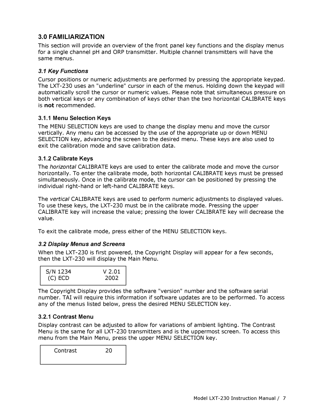 Teledyne LXT-230 manual Familiarization, Key Functions, Display Menus and Screens 